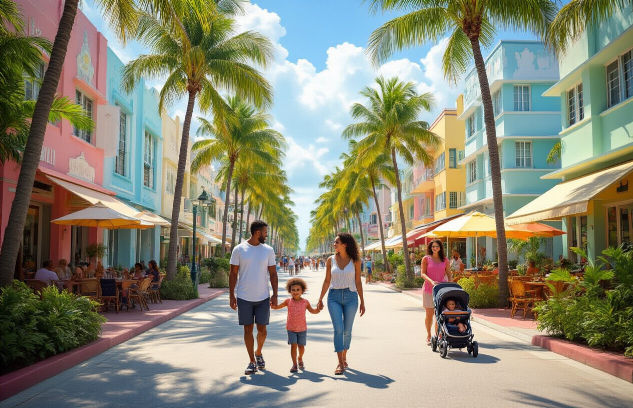 Create a realistic image of a vibrant Miami neighborhood street scene with colorful Art Deco buildings, palm trees lining the sidewalks, a diverse family with white parents and mixed-race children walking together looking happy and engaged, other families in the background including a black family with strollers, bright sunny Florida lighting casting gentle shadows, outdoor cafes with umbrellas, lush tropical landscaping, clean wide sidewalks perfect for family strolling, and a welcoming community atmosphere that showcases the family-friendly nature of Miami's neighborhoods, absolutely NO text should be in the scene.