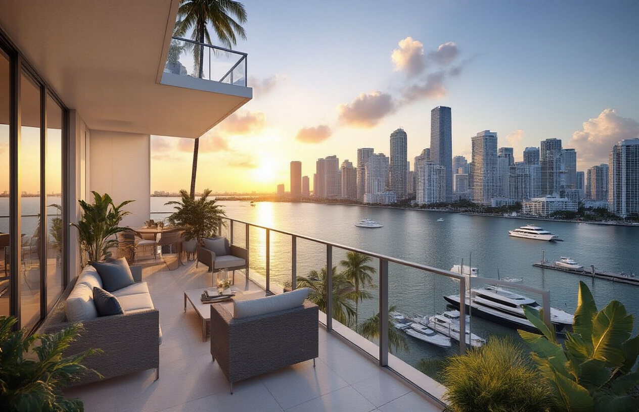 Create a realistic image of a modern luxury Miami waterfront condominium balcony overlooking Biscayne Bay with the Miami skyline in the background, featuring a beautifully furnished outdoor living space with contemporary patio furniture, tropical plants, and a small dining table, capturing the golden hour lighting as the sun sets behind the city's iconic skyscrapers, with luxury yachts visible in the marina below and palm trees swaying gently in the foreground, conveying an upscale lifestyle and sense of home ownership in Miami's vibrant urban setting, absolutely NO text should be in the scene.