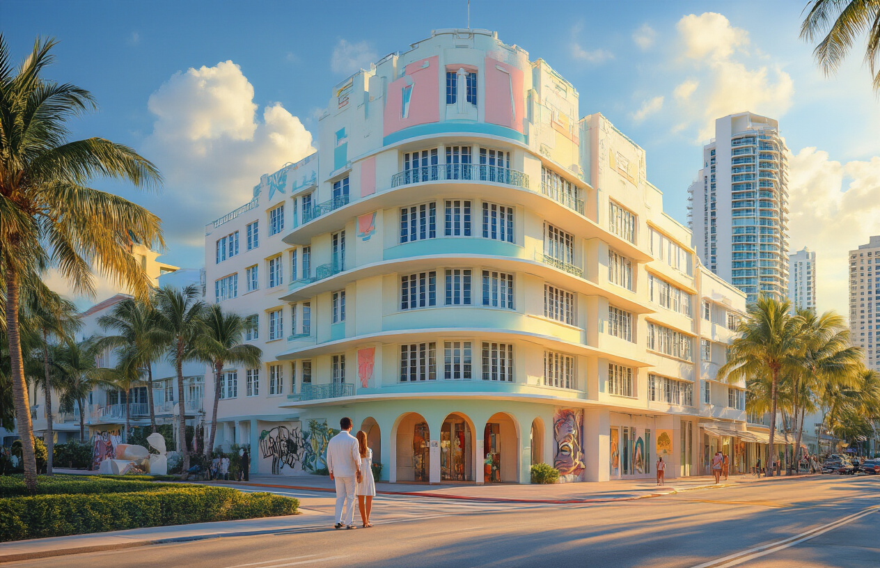 Create a realistic image of a stunning Miami architectural landmark showcasing Art Deco design elements with vibrant pastel colors, geometric patterns, and curved facades, surrounded by palm trees and modern skyscrapers in the background, with a clear blue sky and warm golden sunlight casting dramatic shadows, featuring a well-dressed white male and Hispanic female tourists admiring the building's artistic details, with contemporary art sculptures or murals visible nearby that blend Miami's historic and modern artistic heritage, absolutely NO text should be in the scene.