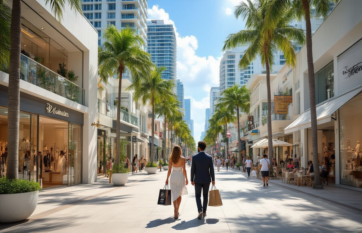 Create a realistic image of a vibrant Miami shopping district with luxury boutiques and modern storefronts lining a wide pedestrian street, featuring a well-dressed white female and black male walking together carrying designer shopping bags, with palm trees and contemporary high-rise buildings in the background, bright sunny daylight with clear blue skies, bustling urban atmosphere with other shoppers visible in the distance, clean modern architecture with glass facades and outdoor cafes, absolutely NO text should be in the scene.