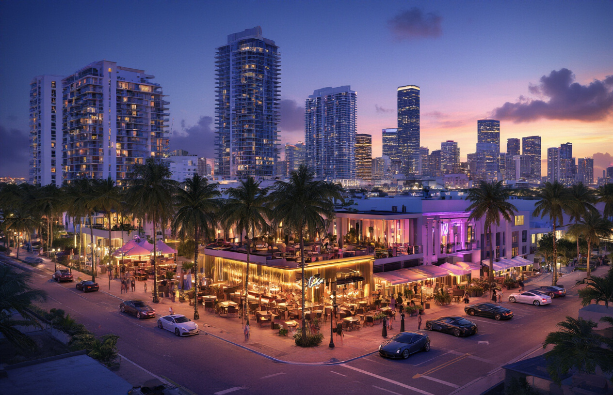 Create a realistic image of Miami's vibrant nightlife district with illuminated high-rise buildings and luxury condominiums in the background, featuring a bustling entertainment area with neon-lit nightclubs, upscale rooftop bars, and restaurants with outdoor seating, palm trees lining the streets, warm golden and purple evening lighting creating an energetic atmosphere, luxury cars parked along the street, and the iconic Miami skyline glowing against a twilight sky, capturing the sophisticated urban entertainment scene that fractional owners would enjoy, absolutely NO text should be in the scene.