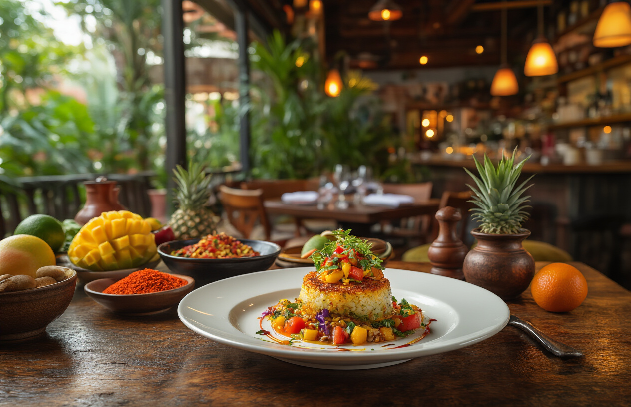 Create a realistic image of an elegant Miami restaurant scene showcasing diverse cultural cuisines with a beautifully plated fusion dish in the foreground featuring vibrant Cuban, Haitian, and Latin American ingredients, surrounded by colorful traditional spices, tropical fruits, and authentic cooking utensils on a rustic wooden table, with soft warm lighting creating an inviting atmosphere that captures Miami's multicultural food heritage, and blurred restaurant ambiance in the background suggesting an upscale dining experience. Absolutely NO text should be in the scene.