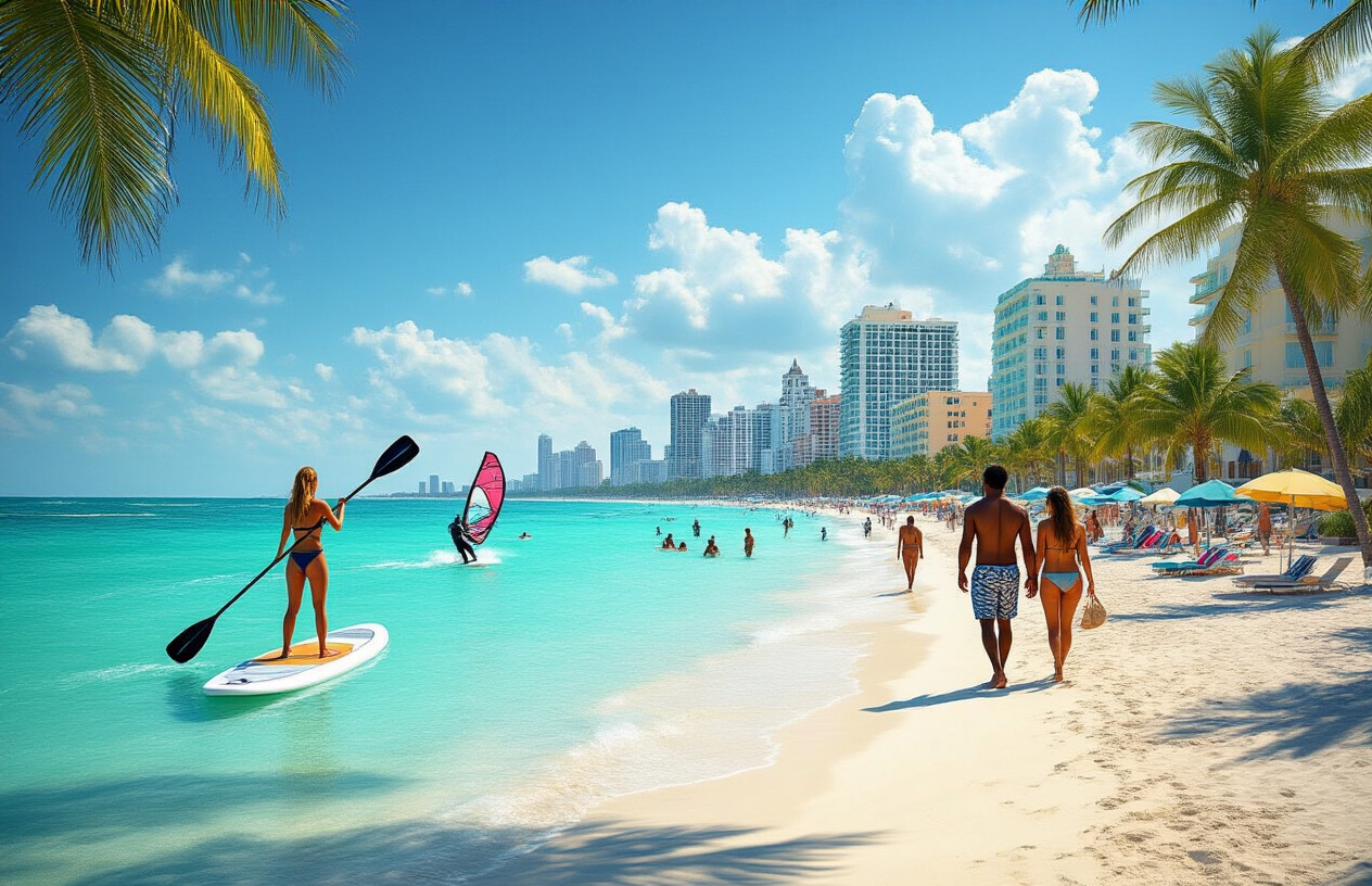 Create a realistic image of a vibrant Miami beach scene with crystal clear turquoise water and white sand, featuring diverse people enjoying coastal activities including a white female paddleboarding, a black male kitesurfing in the background, and a Hispanic couple walking along the shoreline, with iconic Miami Art Deco buildings visible in the distance, palm trees swaying in the ocean breeze, bright sunny lighting casting gentle shadows, and beach umbrellas and lounge chairs scattered along the pristine coastline, absolutely NO text should be in the scene.