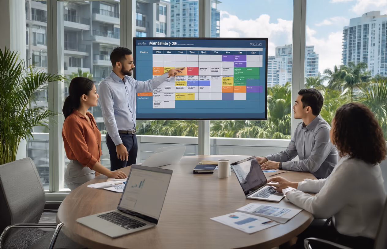 Create a realistic image of a modern conference room with a large wall-mounted calendar display showing a monthly schedule with color-coded time blocks, a sleek conference table with laptops and documents spread across it, a white male professional in business casual attire pointing at the calendar while explaining to a diverse group of three people (a black female, an Asian male, and a white female) seated around the table, large windows showing a Miami cityscape with palm trees and high-rise buildings in the background, bright natural lighting creating a professional yet welcoming atmosphere, modern office furniture and decor, absolutely NO text should be in the scene.