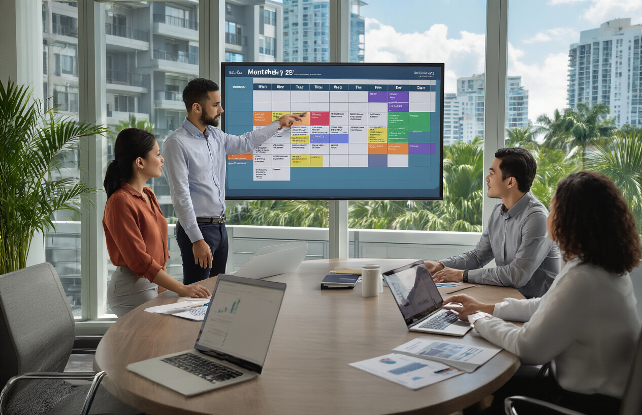 Create a realistic image of a modern conference room with a large wall-mounted calendar display showing a monthly schedule with color-coded time blocks, a sleek conference table with laptops and documents spread across it, a white male professional in business casual attire pointing at the calendar while explaining to a diverse group of three people (a black female, an Asian male, and a white female) seated around the table, large windows showing a Miami cityscape with palm trees and high-rise buildings in the background, bright natural lighting creating a professional yet welcoming atmosphere, modern office furniture and decor, absolutely NO text should be in the scene.