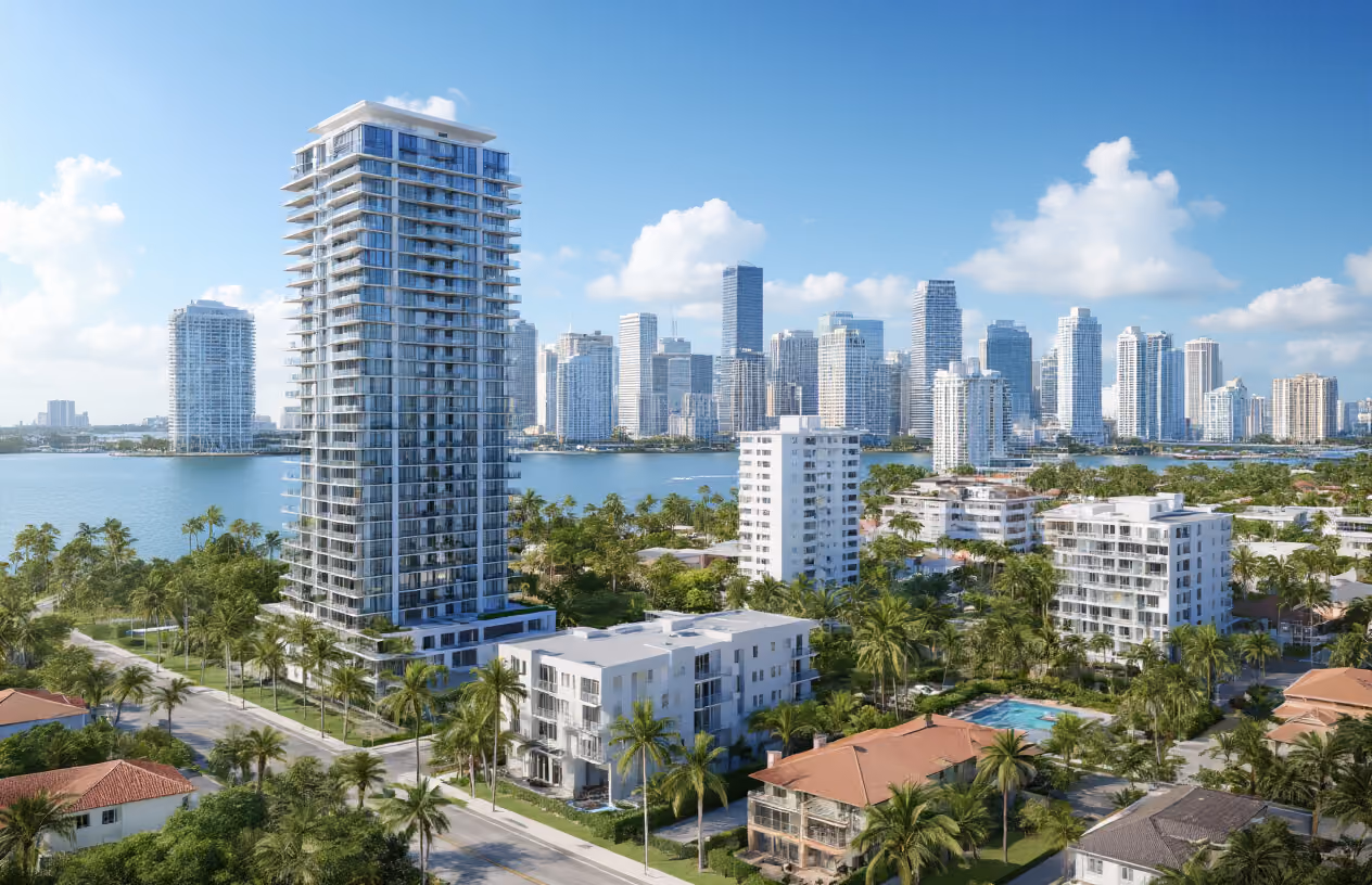 Create a realistic image of a diverse collection of Miami property types including a modern high-rise condominium tower with glass facades, a luxury single-family house with palm trees, a mid-rise apartment building, and a commercial office building, all arranged in a stylized neighborhood layout showing the Miami skyline in the background with blue skies, bright sunlight, and tropical landscaping with palm trees and modern architecture typical of South Florida, captured from an elevated perspective that showcases the variety of real estate investment options available in the city. Absolutely NO text should be in the scene.