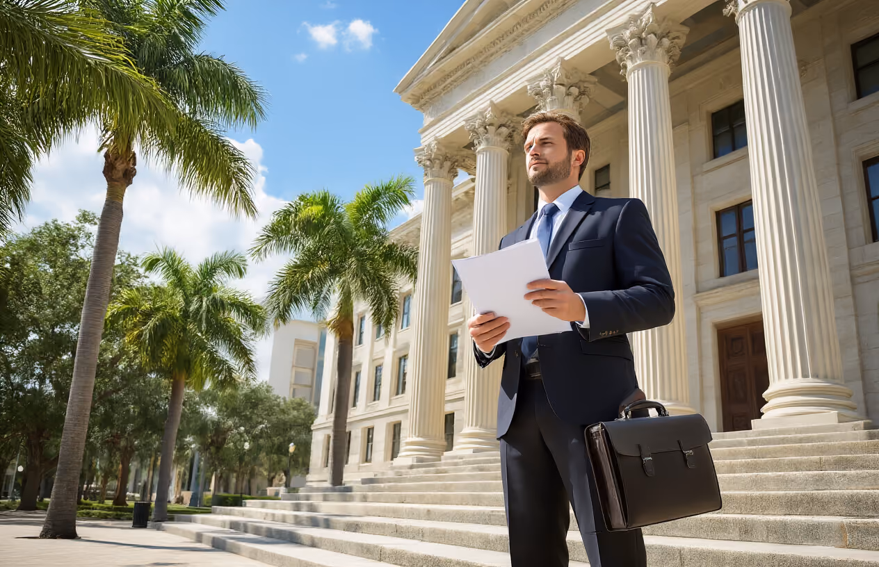Create a realistic image of a professional Florida courthouse or legal building with classical columns and palm trees in the foreground, featuring a white male lawyer in a dark suit holding legal documents while standing on the courthouse steps, with a briefcase beside him, under bright Florida sunshine with a clear blue sky, conveying a sense of legal authority and consumer protection, absolutely NO text should be in the scene.