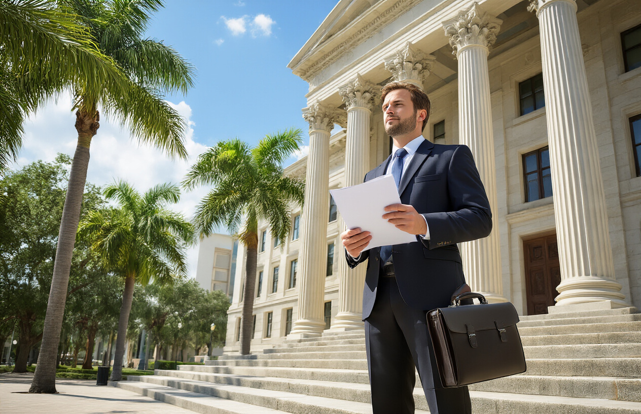 Create a realistic image of a professional Florida courthouse or legal building with classical columns and palm trees in the foreground, featuring a white male lawyer in a dark suit holding legal documents while standing on the courthouse steps, with a briefcase beside him, under bright Florida sunshine with a clear blue sky, conveying a sense of legal authority and consumer protection, absolutely NO text should be in the scene.