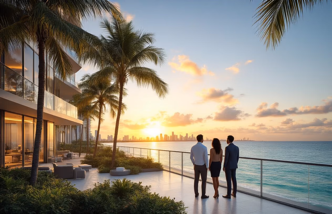 Create a realistic image of a stunning Miami beachfront luxury condominium building with palm trees swaying in the foreground, crystal blue ocean waters visible in the background, golden sunset lighting casting warm glows on the modern glass facade, with a diverse group of three people - one white male, one black female, and one Hispanic male - standing on an elegant balcony overlooking the scenic view, all dressed in business casual attire and appearing satisfied and successful, with the Miami skyline visible in the distance, conveying a sense of achievement, partnership, and premium real estate investment opportunity, absolutely NO text should be in the scene.