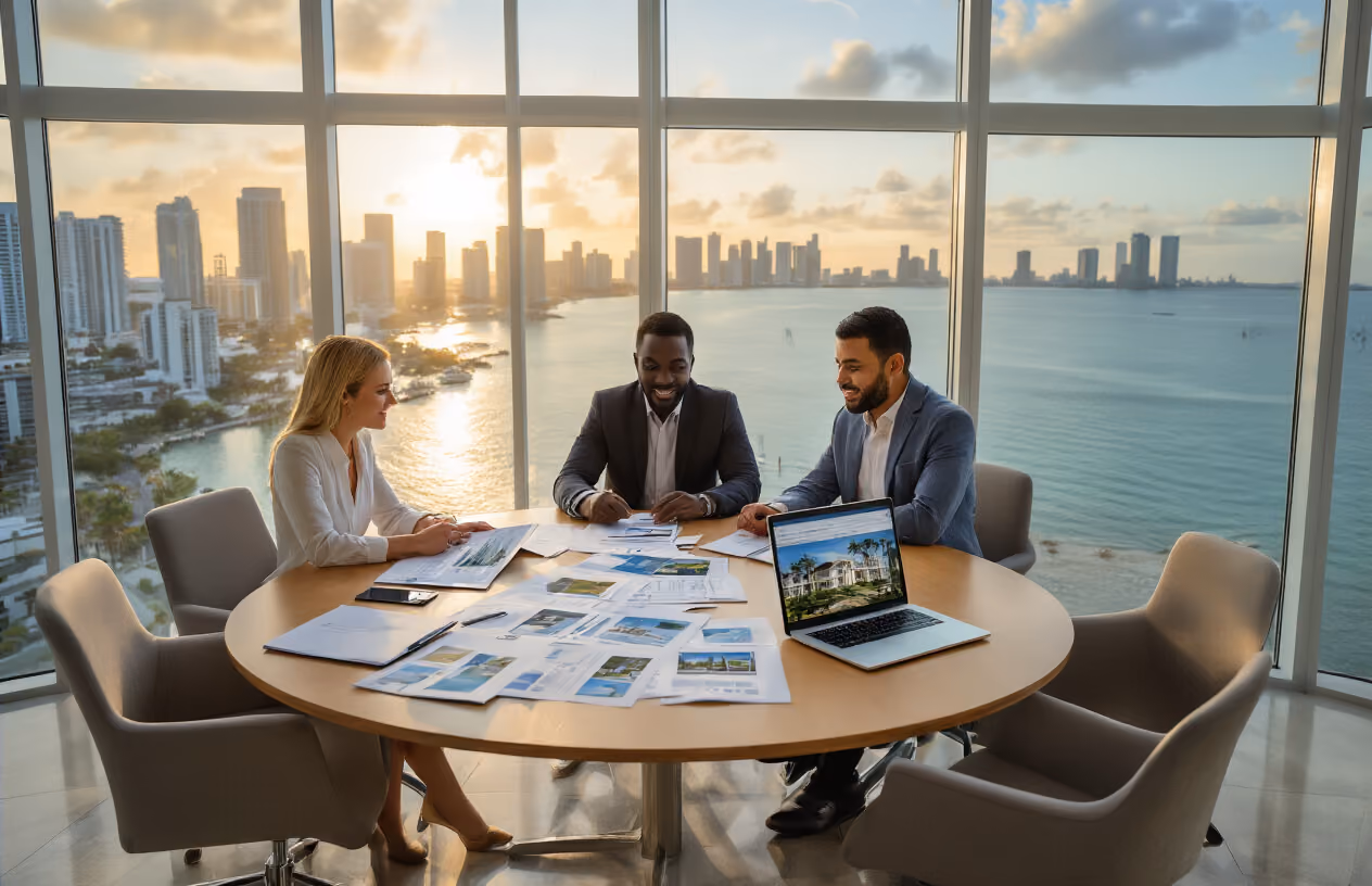 Create a realistic image of a diverse group of three people - one white female, one black male, and one Hispanic male - sitting around a modern conference table in a bright, upscale Miami office with floor-to-ceiling windows showing the Miami skyline and ocean in the background, reviewing real estate documents and property listings spread across the table, with a laptop computer open displaying property photos, the scene bathed in natural daylight creating a professional and collaborative atmosphere, absolutely NO text should be in the scene.