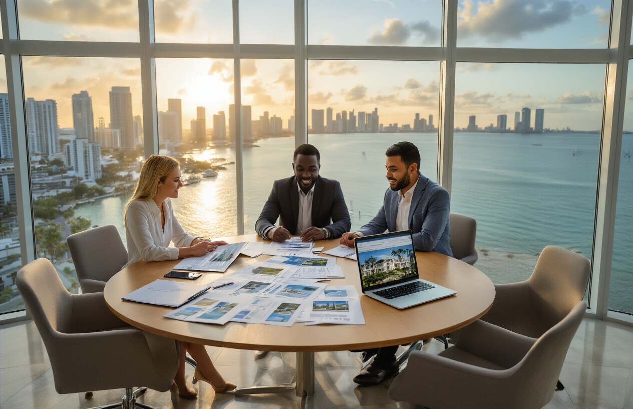 Create a realistic image of a diverse group of three people - one white female, one black male, and one Hispanic male - sitting around a modern conference table in a bright, upscale Miami office with floor-to-ceiling windows showing the Miami skyline and ocean in the background, reviewing real estate documents and property listings spread across the table, with a laptop computer open displaying property photos, the scene bathed in natural daylight creating a professional and collaborative atmosphere, absolutely NO text should be in the scene.