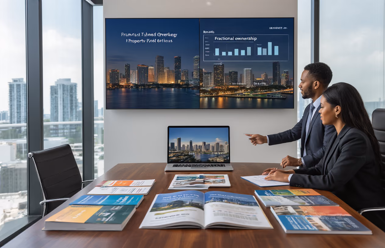 Create a realistic image of a modern office conference room with a polished wooden table displaying multiple colorful company brochures and property portfolios spread out, a laptop computer showing Miami skyline property listings, and a white male business professional in a suit reviewing documents while a black female consultant points to investment charts on a wall-mounted screen showing fractional ownership percentages, with floor-to-ceiling windows revealing Miami's downtown skyline in the background, professional lighting creating a trustworthy business atmosphere, absolutely NO text should be in the scene.