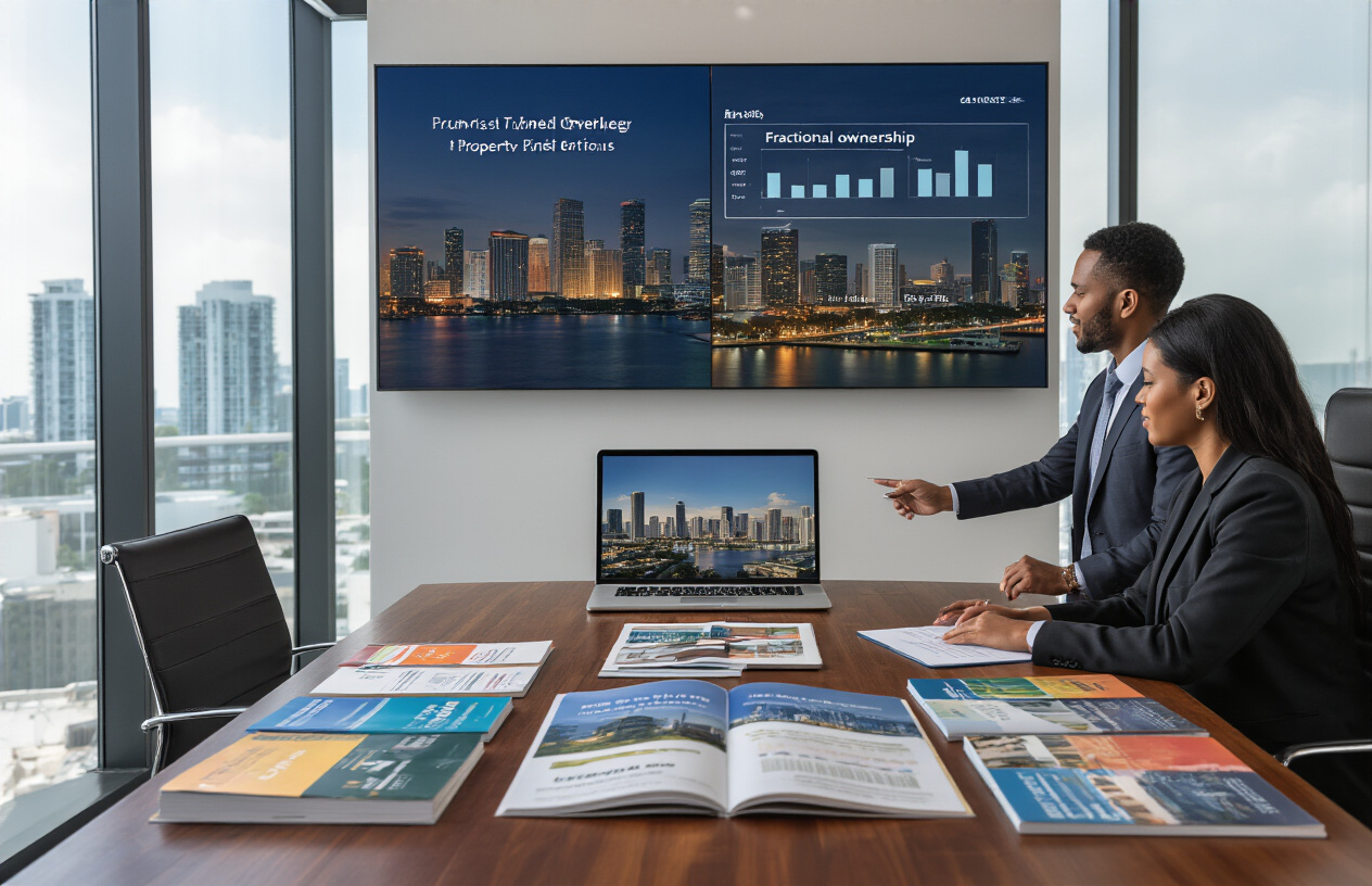 Create a realistic image of a modern office conference room with a polished wooden table displaying multiple colorful company brochures and property portfolios spread out, a laptop computer showing Miami skyline property listings, and a white male business professional in a suit reviewing documents while a black female consultant points to investment charts on a wall-mounted screen showing fractional ownership percentages, with floor-to-ceiling windows revealing Miami's downtown skyline in the background, professional lighting creating a trustworthy business atmosphere, absolutely NO text should be in the scene.