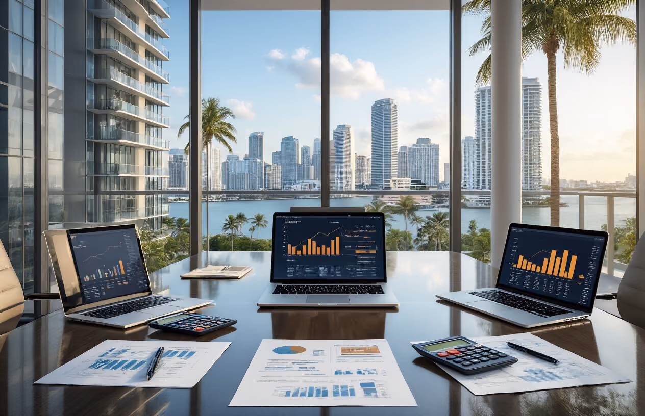 Create a realistic image of a modern glass conference table with financial documents, calculators, and laptops displaying property investment charts and graphs, with luxury Miami high-rise condominiums visible through floor-to-ceiling windows in the background, showing the downtown Miami skyline with palm trees and blue sky, professional business atmosphere with warm natural lighting, absolutely NO text should be in the scene.