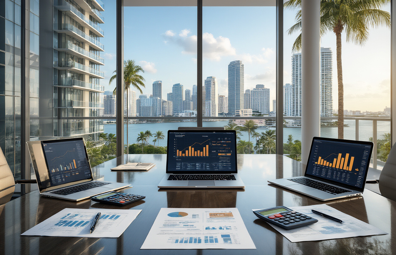 Create a realistic image of a modern glass conference table with financial documents, calculators, and laptops displaying property investment charts and graphs, with luxury Miami high-rise condominiums visible through floor-to-ceiling windows in the background, showing the downtown Miami skyline with palm trees and blue sky, professional business atmosphere with warm natural lighting, absolutely NO text should be in the scene.