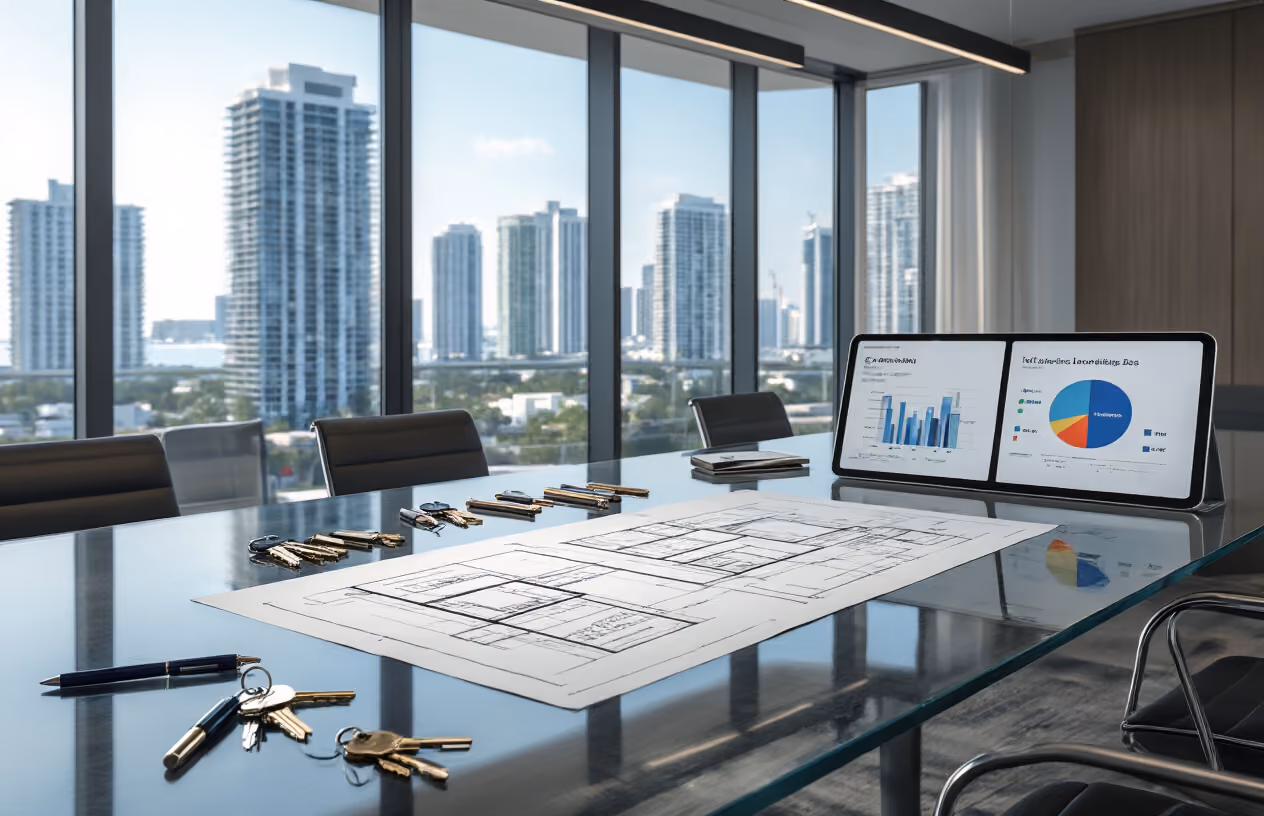 Create a realistic image of a modern conference room with a large glass table displaying architectural blueprints and property documents spread across the surface, multiple sets of keys arranged in organized groups, a sleek tablet showing a pie chart with different colored segments representing ownership shares, luxury Miami high-rise buildings visible through floor-to-ceiling windows in the background, professional lighting creating a clean business atmosphere, and a few elegant pens positioned near the documents, shot from a slight overhead angle to showcase the organized layout of the fractional ownership materials, Absolutely NO text should be in the scene.