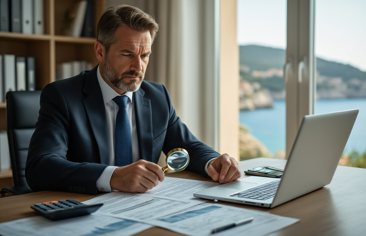 Create a realistic image of a white male professional in his 40s wearing a business suit sitting at a modern desk with an open laptop, examining legal documents and property papers spread across the surface, with a magnifying glass in his hand, Croatian coastal property brochures visible on the desk, a calculator and pen nearby, warm natural lighting from a window showing blurred Croatian coastline in the background, professional office setting with bookshelves, serious and focused expression conveying careful analysis and research, absolutely NO text should be in the scene.