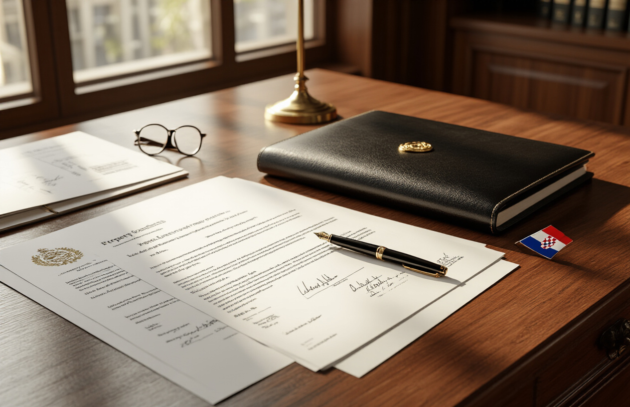 Create a realistic image of a polished wooden desk with neatly organized legal documents spread across the surface, including property contracts, co-ownership agreements, and official papers with visible signatures and seals, alongside a black leather portfolio, gold fountain pen, reading glasses, and a small Croatian flag pin resting on the documents, with soft natural lighting from a window creating gentle shadows, in a professional law office setting with warm wooden tones and a sophisticated atmosphere. Absolutely NO text should be in the scene.