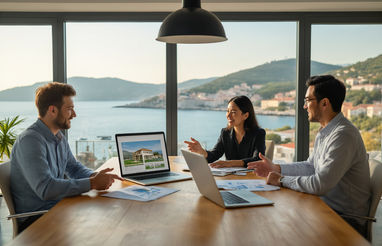Create a realistic image of a diverse group of three people - one white male, one black female, and one Asian male - sitting around a modern wooden conference table in a bright, professional office setting, engaged in a collaborative discussion while reviewing documents and a laptop screen showing property layouts, with Croatian coastal landscape visible through large windows in the background, warm natural lighting creating an optimistic and trustworthy atmosphere, handshakes and pointing gestures indicating successful decision-making and partnership. Absolutely NO text should be in the scene.