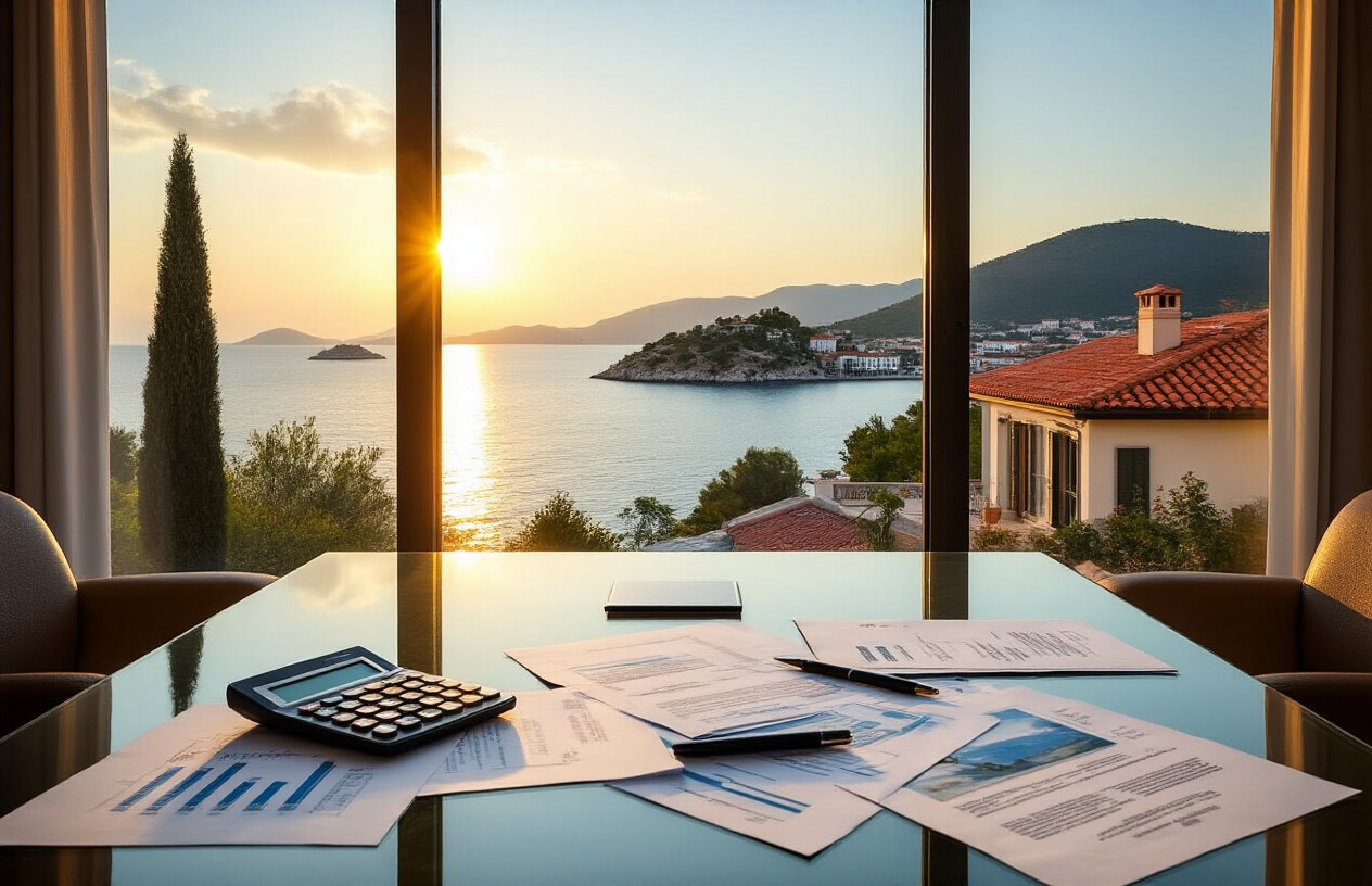 Create a realistic image of a modern glass conference table with financial documents, calculator, and Croatian property brochures spread across the surface, featuring a beautiful Croatian coastal villa with terracotta roof visible through large windows in the background, Mediterranean blue sea and distant islands creating a serene backdrop, warm golden hour lighting streaming through the windows illuminating the paperwork, conveying a professional yet inviting atmosphere of smart property investment, absolutely NO text should be in the scene.