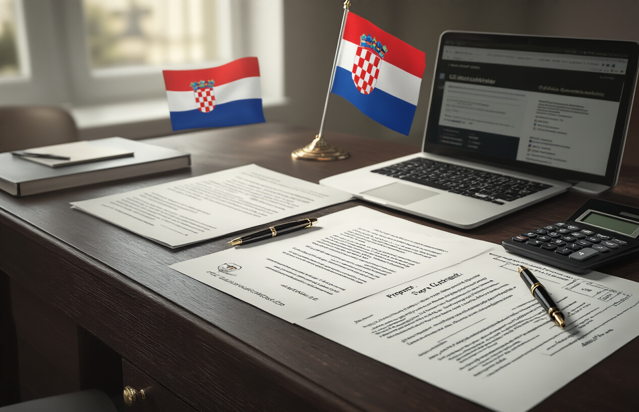 Create a realistic image of a modern law office desk with Croatian legal documents, property contracts, and tax forms spread across a dark wooden surface, alongside a Croatian flag pin, a calculator, a fountain pen, and a laptop computer displaying official government website pages, with a professional briefcase partially visible, set against a neutral office background with soft natural lighting from a window, creating a serious and authoritative business atmosphere. Absolutely NO text should be in the scene.