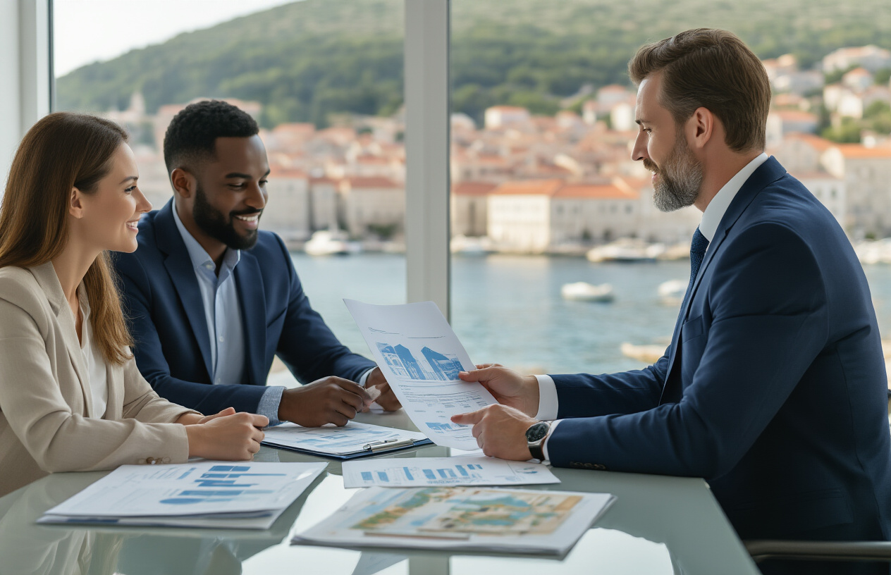 Create a realistic image of a modern real estate office consultation scene with a white male real estate agent in a navy suit presenting documents and property charts to a diverse couple (white female and black male) seated across a glass desk, Croatian coastal property brochures and financial charts spread on the desk, large windows showing a blurred Croatian seaside town in the background, professional lighting with warm undertones creating a serious but optimistic business atmosphere, the scene conveying strategic planning and decision-making for property investment, absolutely NO text should be in the scene.