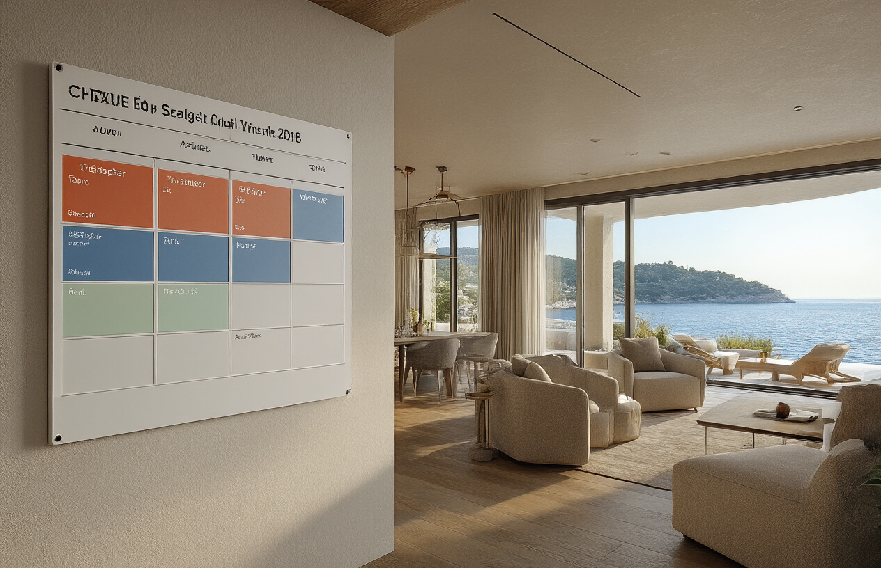 Create a realistic image of a modern calendar or scheduling board showing different colored time blocks representing shared usage periods for a luxury Croatian coastal villa, with a beautiful Adriatic Sea view visible through large windows in the background, featuring elegant interior design with contemporary furniture, warm natural lighting, and a sophisticated atmosphere that conveys organized co-ownership arrangements, absolutely NO text should be in the scene.