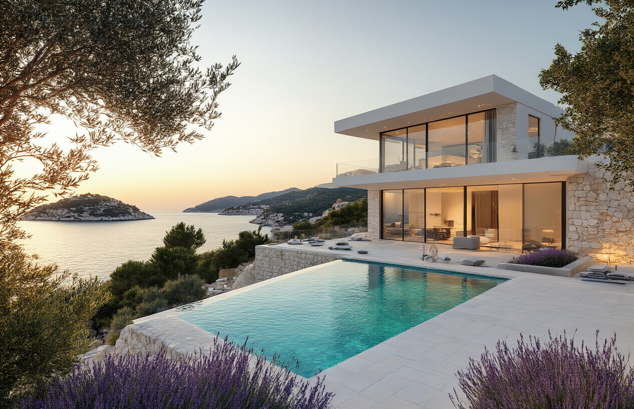 Create a realistic image of a stunning modern luxury villa in Croatia with contemporary architecture, featuring clean white stone walls, large floor-to-ceiling glass windows, and a pristine infinity pool overlooking the crystal-clear turquoise Adriatic Sea, surrounded by lush Mediterranean vegetation including olive trees and lavender bushes, with the dramatic Croatian coastline and islands visible in the background, captured during golden hour with warm, soft lighting creating an upscale and inviting atmosphere that conveys premium real estate investment opportunity, absolutely NO text should be in the scene.