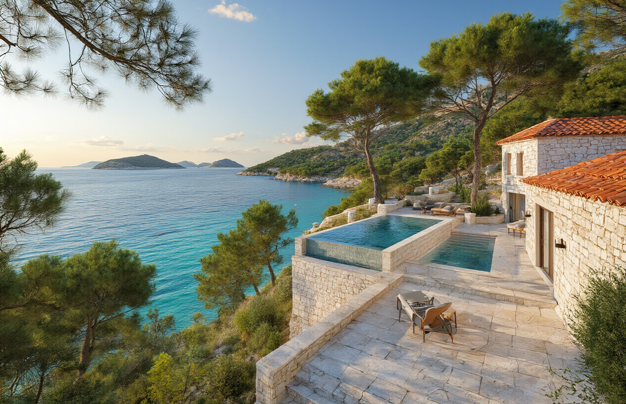 Create a realistic image of a stunning Croatian coastal villa with traditional Mediterranean architecture featuring white stone walls and terracotta roof tiles, positioned on a hillside overlooking the crystal-clear turquoise Adriatic Sea, with a modern infinity pool in the foreground, lush green pine trees and olive groves surrounding the property, distant Croatian islands visible on the horizon, golden hour lighting casting warm tones across the scene, a welcoming terrace with outdoor furniture suggesting luxury and relaxation, the overall composition conveying success, investment opportunity, and the dream of owning a piece of Croatian paradise, absolutely NO text should be in the scene.