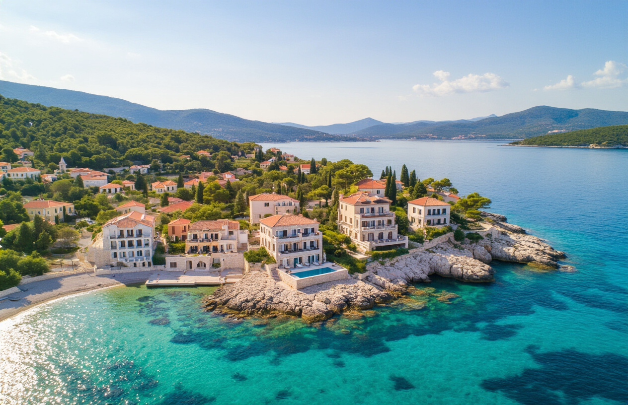 Create a realistic image of multiple luxury Croatian coastal properties showcasing prime real estate destinations, featuring elegant Mediterranean-style villas and modern apartments with terracotta roofs and stone facades positioned along the pristine Adriatic coastline, crystal clear turquoise waters lapping against rocky shores and pebble beaches, lush green hills and pine forests in the background, charming coastal towns with traditional architecture visible in the distance, bright sunny Mediterranean lighting creating warm golden tones, peaceful and upscale atmosphere representing premium investment opportunities, shot from an elevated perspective to showcase the scenic coastal landscape and diverse property types available for co-ownership, absolutely NO text should be in the scene.