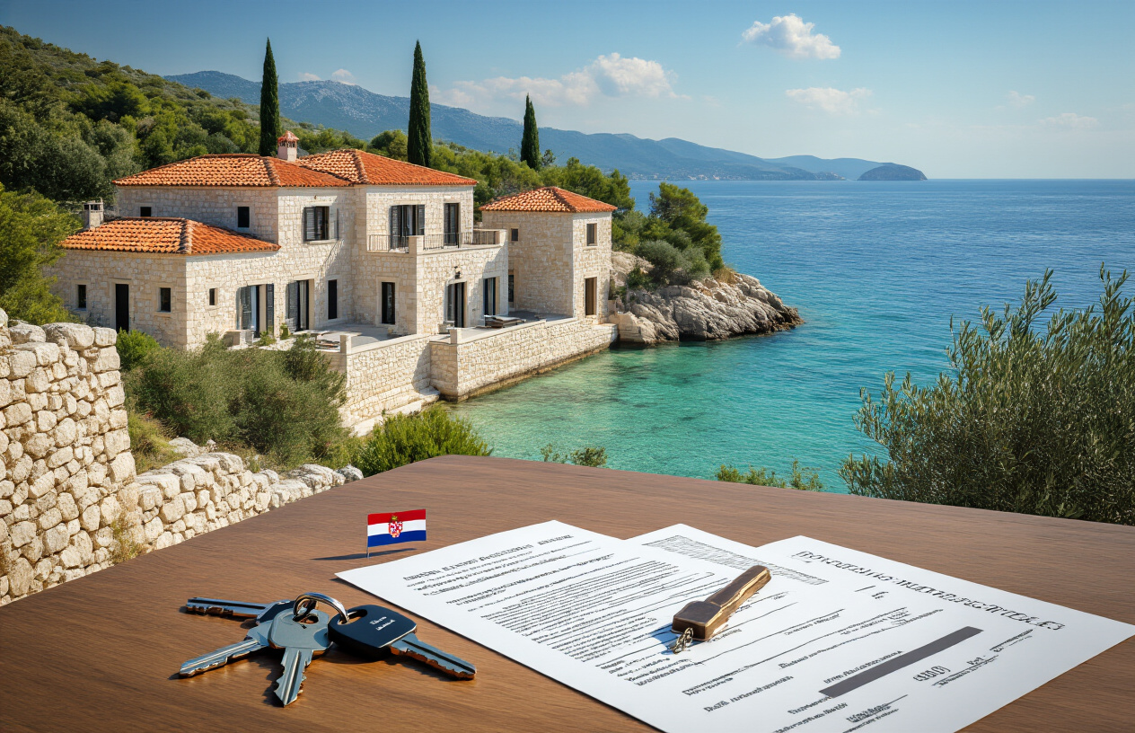 Create a realistic image of a modern Croatian coastal villa with Mediterranean architecture featuring terracotta roof tiles and white stone walls, situated on a hillside overlooking the crystal-clear Adriatic Sea, with multiple sets of keys laying on a wooden table in the foreground alongside legal documents and a small Croatian flag, surrounded by olive trees and cypress trees, under bright natural daylight with a warm, inviting atmosphere that conveys shared ownership and investment opportunity, absolutely NO text should be in the scene.