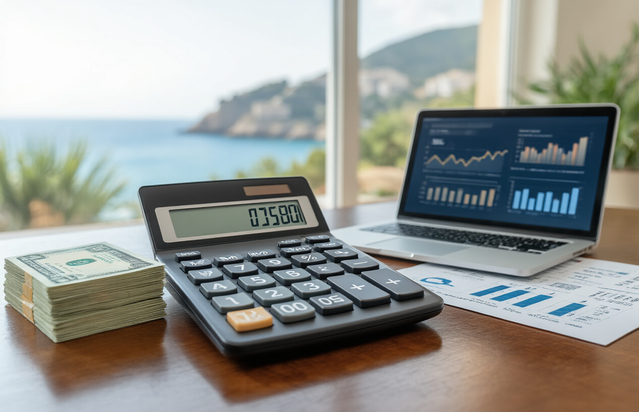 Create a realistic image of a modern calculator displaying property cost calculations sitting on a polished wooden desk next to neat stacks of Euro banknotes, with a smartphone showing a financial app interface, a sleek laptop displaying charts and graphs about property investment, and official-looking documents with percentage symbols visible, set against a bright Mediterranean-style office with large windows showing glimpses of Mallorca's coastline in soft natural daylight, conveying a professional and optimistic financial planning atmosphere. Absolutely NO text should be in the scene.