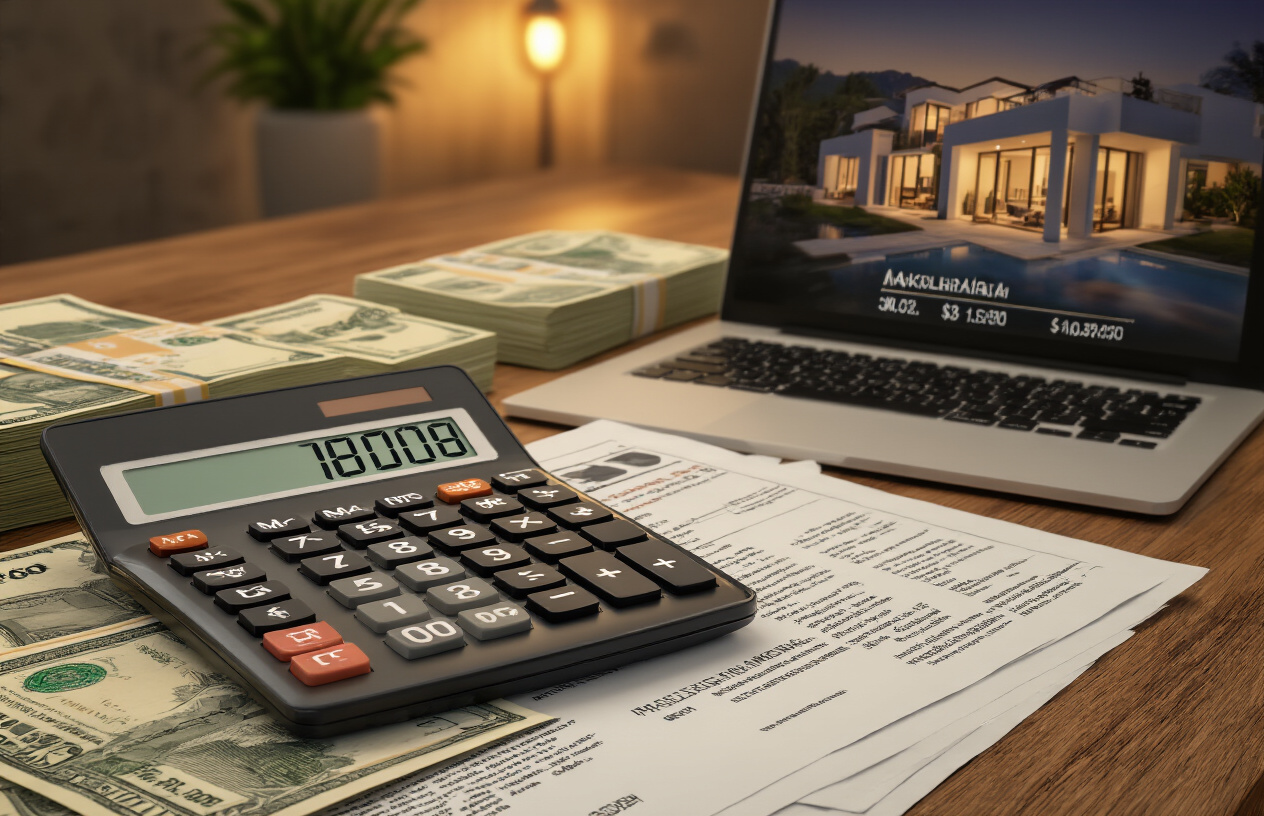Create a realistic image of a modern calculator displaying high numbers next to stacks of euro banknotes and property documents on a wooden desk, with a laptop screen showing expensive Mallorca real estate listings in the background, under warm office lighting that creates a concerned and overwhelming financial atmosphere, with a Mediterranean villa photograph partially visible showing luxury but unattainable property, absolutely NO text should be in the scene.