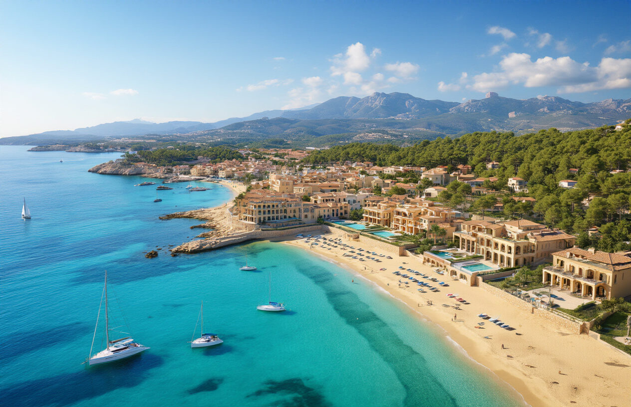 Create a realistic image of a stunning aerial view of Mallorca's Mediterranean coastline showcasing luxury properties and villas scattered along pristine beaches with crystal-clear turquoise waters, featuring modern architectural developments nestled among traditional Spanish buildings, pine-covered hills in the background, golden sandy beaches, sailboats and yachts dotting the harbor, bright Mediterranean sunlight creating vibrant colors and clear visibility, emphasizing the island's premium real estate appeal and coastal beauty that attracts property investors, with a serene and prosperous atmosphere highlighting Mallorca's leading position in the Mediterranean property market, absolutely NO text should be in the scene.