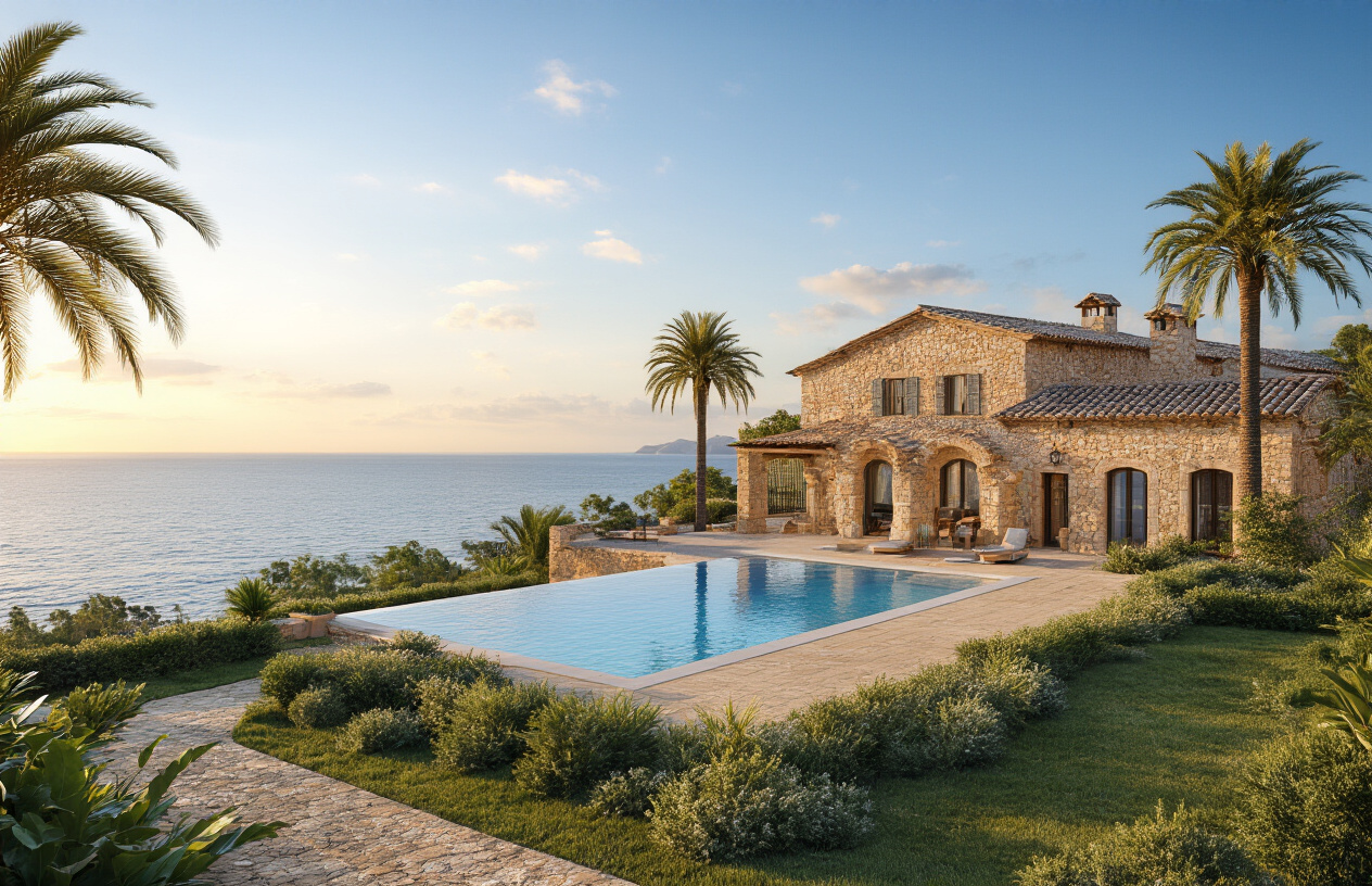 Create a realistic image of a stunning Mediterranean villa in Mallorca with traditional stone architecture and terracotta roof tiles, featuring a beautiful swimming pool surrounded by palm trees and manicured gardens, with the sparkling blue Mediterranean Sea visible in the background, captured during golden hour lighting that creates a warm and inviting atmosphere, showcasing the luxury and appeal of co-ownership property investment opportunities, absolutely NO text should be in the scene.