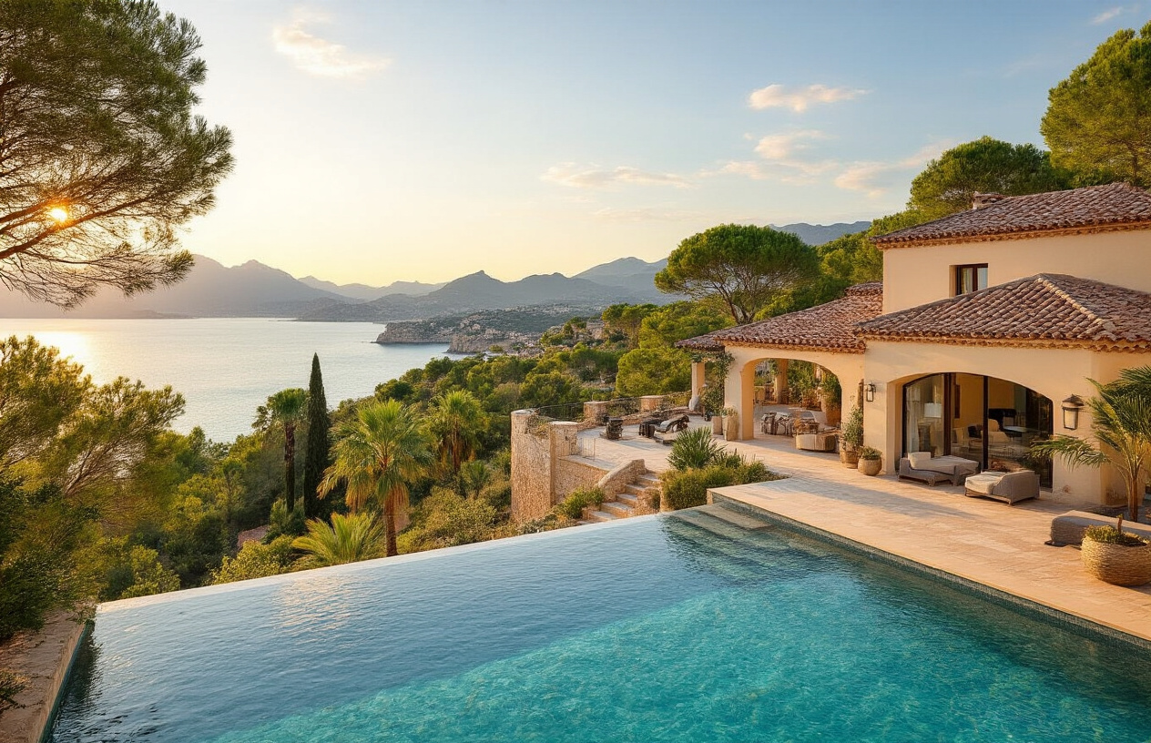 Create a realistic image of a stunning Mediterranean villa with traditional Mallorcan architecture featuring terracotta roof tiles and cream-colored stone walls, positioned on a hillside overlooking the crystal-clear turquoise waters of the Mediterranean Sea, with lush green pine trees and palm trees surrounding the property, golden hour lighting casting warm shadows across the scene, a pristine infinity pool reflecting the sky, and elegant outdoor terraces with modern furniture, conveying a sense of luxury, tranquility, and accessible dream home ownership in Mallorca, with soft warm sunlight illuminating the entire coastal landscape and distant mountains visible on the horizon, absolutely NO text should be in the scene.