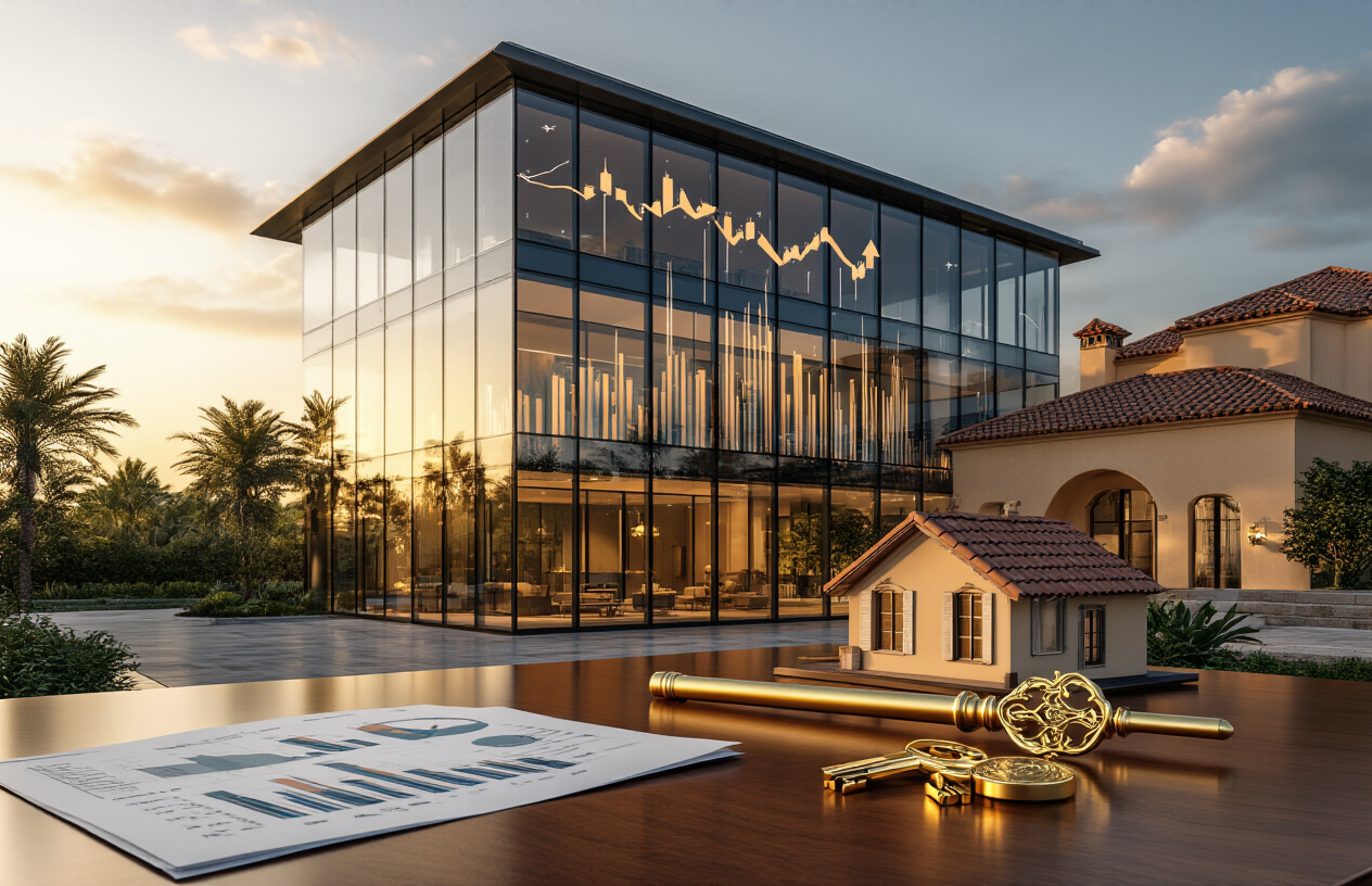 Create a realistic image of a modern glass office building with financial charts and growth arrows subtly reflected in the windows, a luxury Mediterranean villa with terracotta roof tiles visible in the background, golden keys and a small house model placed on a polished wooden desk in the foreground, warm golden hour lighting creating a sense of security and prosperity, professional atmosphere suggesting long-term investment stability, absolutely NO text should be in the scene.