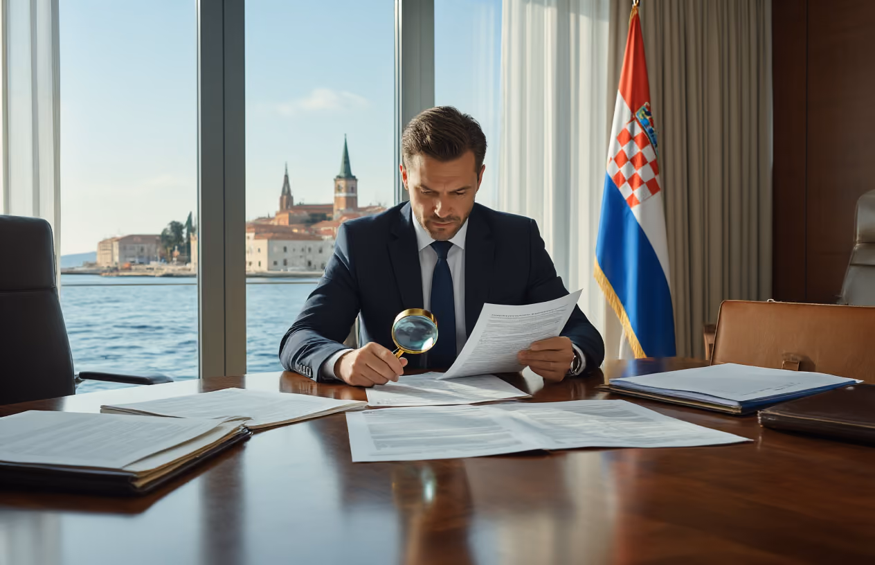 Create a realistic image of a modern law office conference room with Croatian legal documents and property contracts spread across a polished wooden table, a white male lawyer in a business suit reviewing paperwork with a magnifying glass, Croatian flag subtly visible on the wall, professional lighting from large windows showing a glimpse of Croatian coastal architecture outside, briefcase and folders organized nearby, serious and professional atmosphere, absolutely NO text should be in the scene.