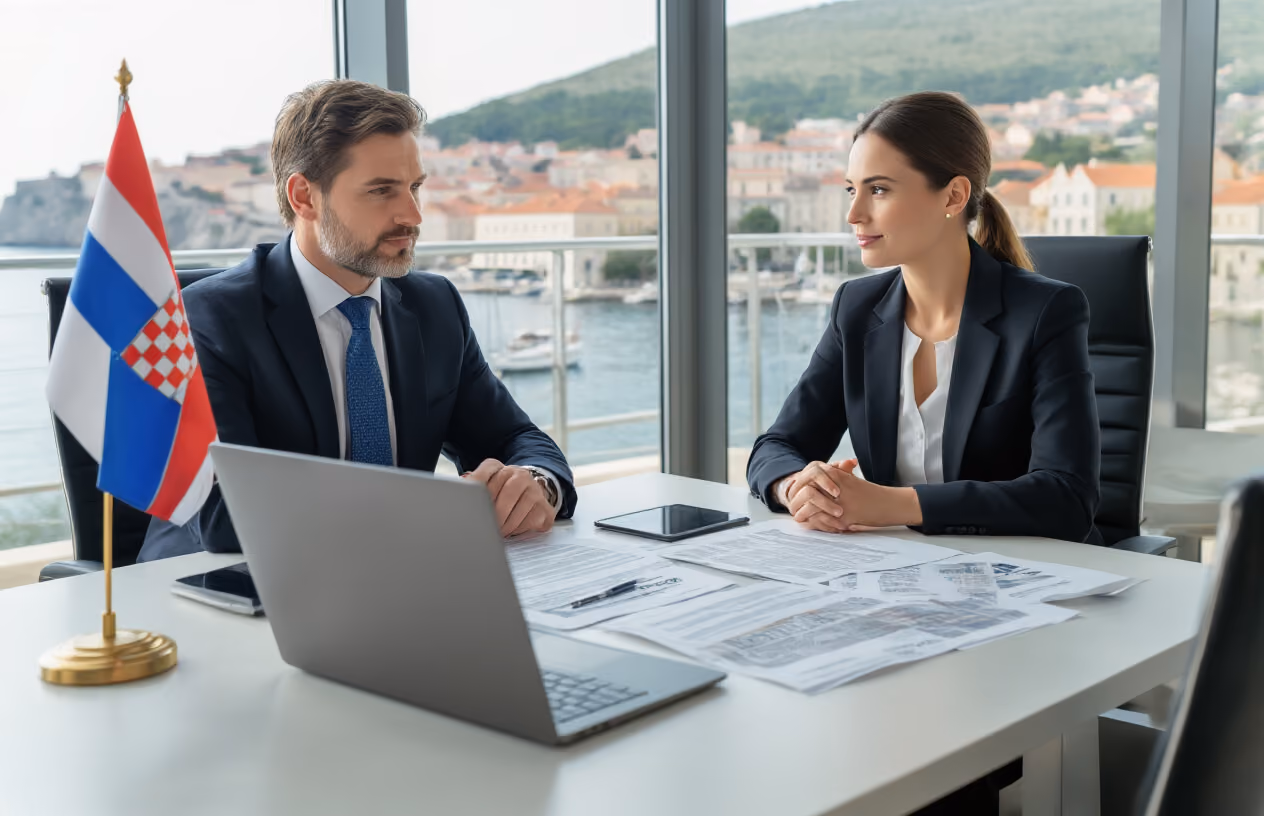 Create a realistic image of a white male real estate lawyer in a suit sitting across from a white female foreign buyer at a modern office desk, with Croatian property documents and legal papers spread between them, a laptop displaying property ownership information, and a Croatian flag subtly visible in the background, set in a bright professional office with large windows showing a glimpse of Croatian coastal architecture, conveying a serious consultation atmosphere with natural daylight illuminating the scene, absolutely NO text should be in the scene.