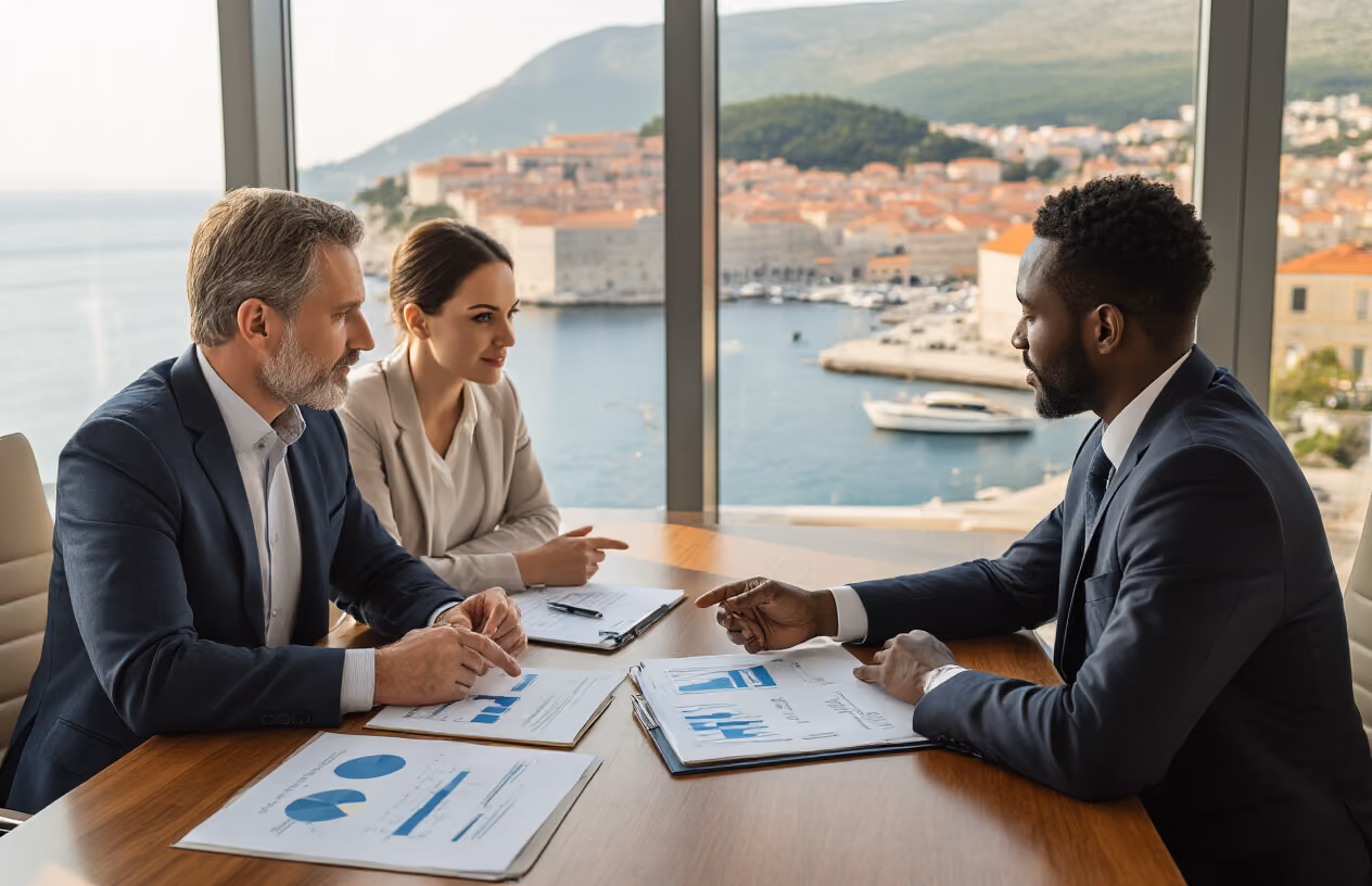 Create a realistic image of a white male professional consultant in a business suit sitting across from a white female and black male couple at a polished wooden conference table in a modern office, with legal documents and property folders spread on the table, the consultant pointing to charts showing risk assessment graphs, large windows showing a Croatian coastal cityscape in the background, warm natural lighting creating a trustworthy atmosphere, and the scene conveying serious business discussion about property investment, absolutely NO text should be in the scene.