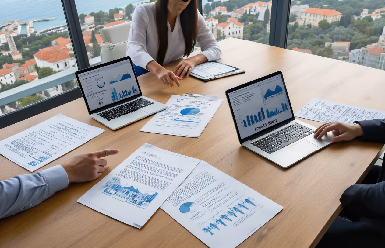Create a realistic image of a modern conference table with multiple legal documents, property contracts, and ownership agreements spread across the surface, alongside laptops displaying property listings and financial charts, with hands of diverse business professionals (white male, black female, Asian male) pointing at different sections of the paperwork, set in a bright contemporary office with large windows showing a glimpse of Croatian coastal scenery in the background, professional lighting, focused atmosphere conveying serious business discussion, absolutely NO text should be in the scene.