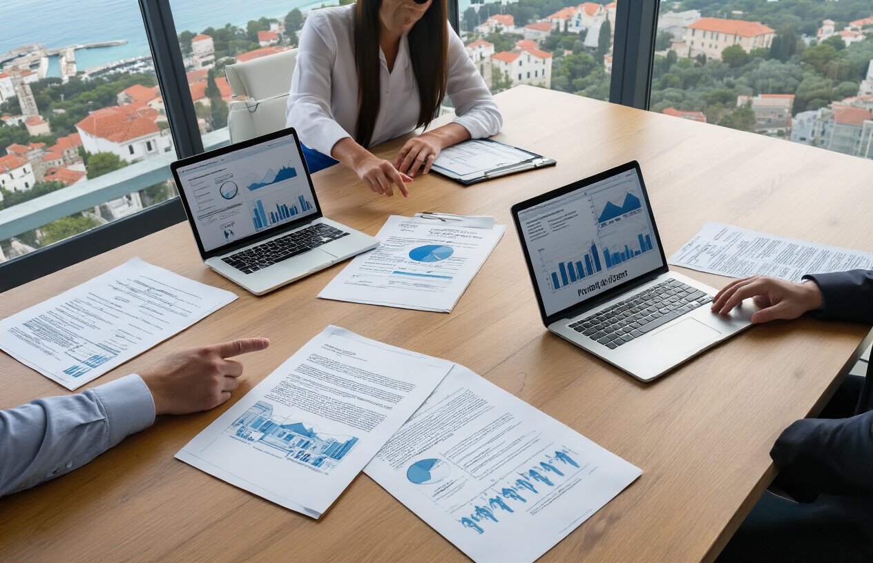 Create a realistic image of a modern conference table with multiple legal documents, property contracts, and ownership agreements spread across the surface, alongside laptops displaying property listings and financial charts, with hands of diverse business professionals (white male, black female, Asian male) pointing at different sections of the paperwork, set in a bright contemporary office with large windows showing a glimpse of Croatian coastal scenery in the background, professional lighting, focused atmosphere conveying serious business discussion, absolutely NO text should be in the scene.