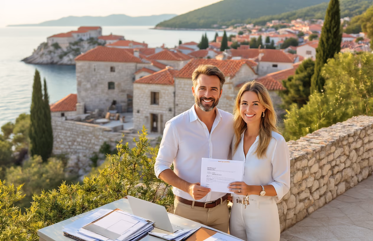 Create a realistic image of a stunning Croatian coastal property with traditional Mediterranean architecture featuring red-tiled roofs and stone walls, overlooking the crystal-clear Adriatic Sea, with a white male and white female in their 40s standing together on a terrace holding property documents and keys, smiling confidently while looking out at the scenic coastline, surrounded by lush greenery and cypress trees, with a modern real estate consultation table nearby displaying folders and a laptop, captured during golden hour with warm, soft lighting that creates an optimistic and successful atmosphere, conveying the completion of a property investment decision. Absolutely NO text should be in the scene.