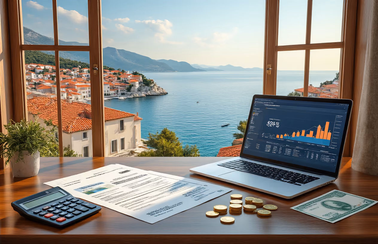 Create a realistic image of a modern financial consultation scene with Croatian coastal property documents and calculator on a polished wooden desk, featuring colorful Croatian real estate brochures showing Mediterranean villas, euro banknotes and coins scattered nearby, a laptop displaying property investment charts, and a beautiful view of the Adriatic Sea with traditional red-roofed houses visible through large windows in the background, warm natural lighting creating a professional yet inviting atmosphere, absolutely NO text should be in the scene.