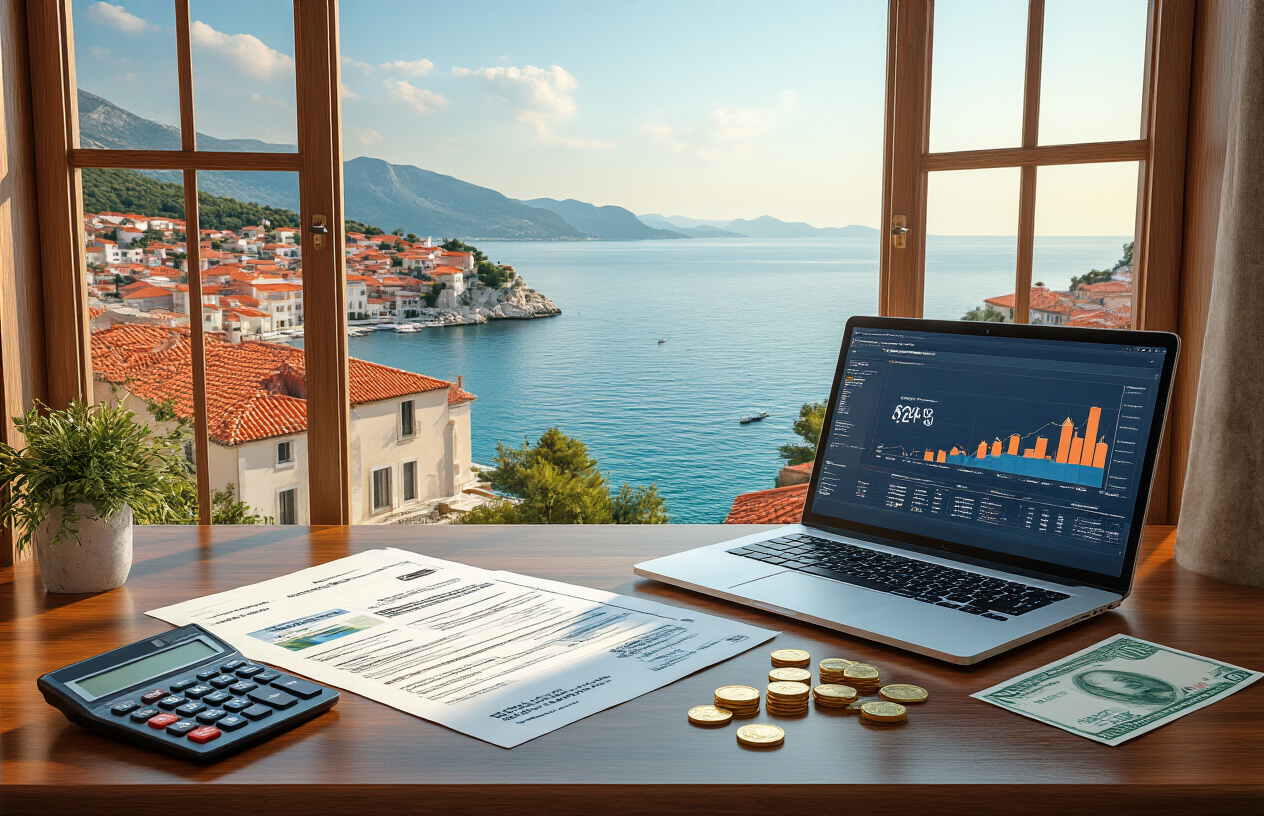 Create a realistic image of a modern financial consultation scene with Croatian coastal property documents and calculator on a polished wooden desk, featuring colorful Croatian real estate brochures showing Mediterranean villas, euro banknotes and coins scattered nearby, a laptop displaying property investment charts, and a beautiful view of the Adriatic Sea with traditional red-roofed houses visible through large windows in the background, warm natural lighting creating a professional yet inviting atmosphere, absolutely NO text should be in the scene.