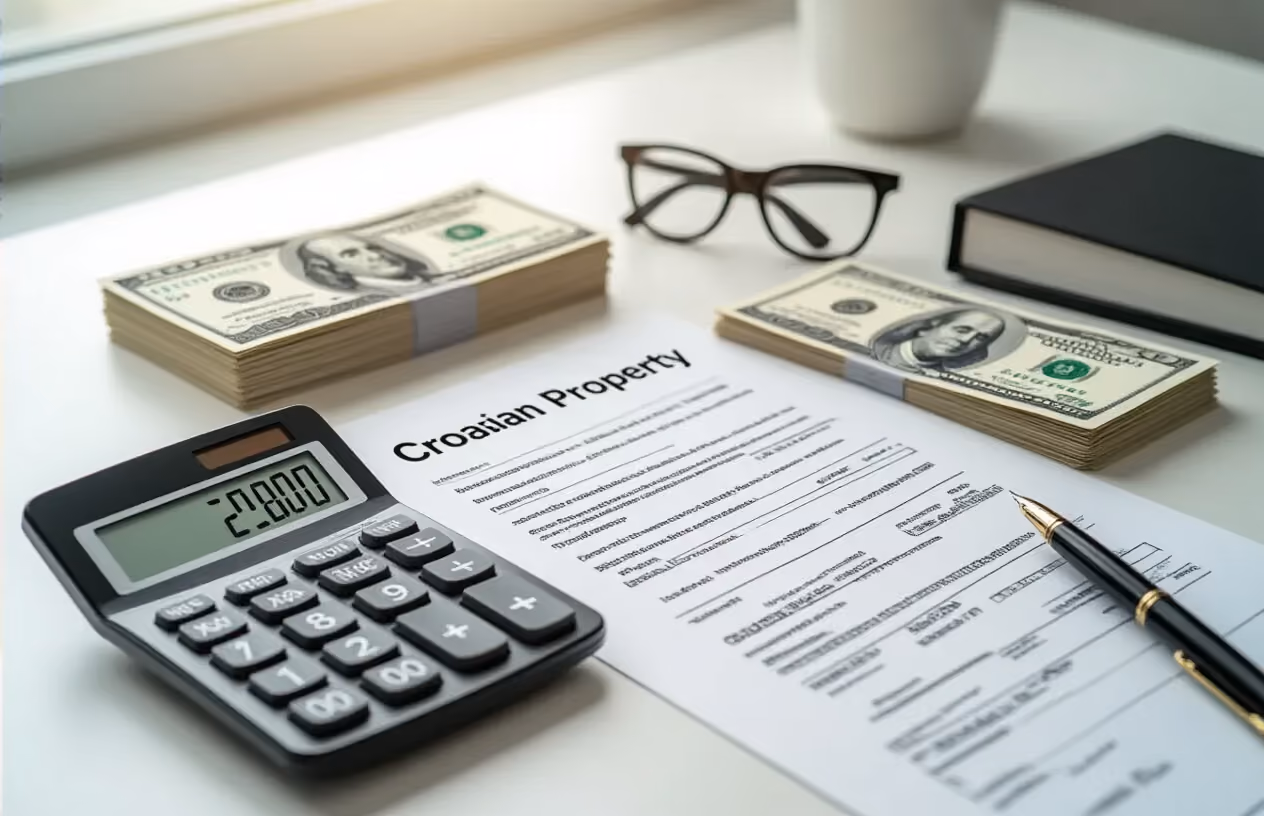 Create a realistic image of a modern desk scene featuring Croatian property documents, official tax forms, and a calculator displaying financial figures, with neat stacks of Euro banknotes, a pen, and reading glasses placed nearby, set against a clean white office background with soft natural lighting from a window, conveying a professional financial consultation atmosphere. Absolutely NO text should be in the scene.