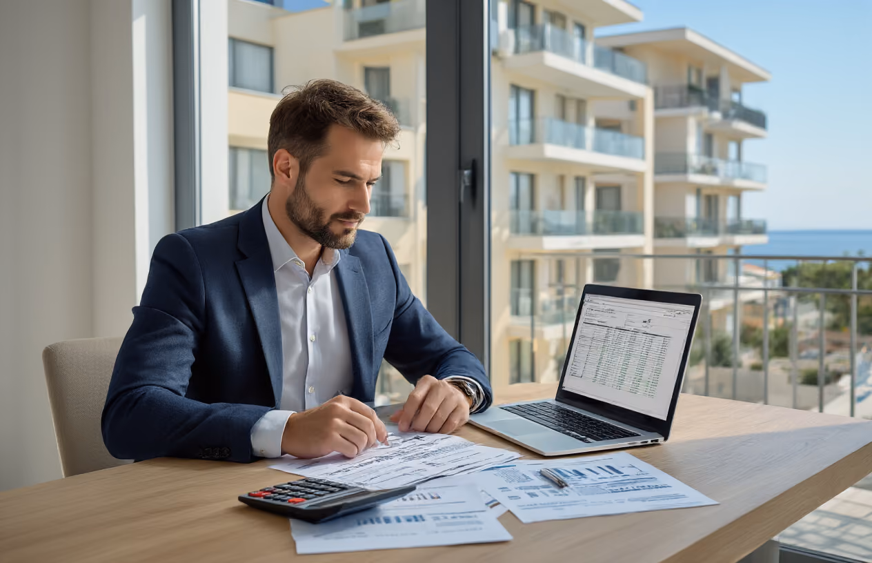 Create a realistic image of a modern Croatian property management office desk with financial documents, calculator, and invoices spread out showing property maintenance costs, featuring a white male property manager in business attire reviewing annual service charge statements, with a laptop displaying spreadsheets, utility bills, and maintenance receipts in the foreground, Mediterranean coastal apartment buildings visible through the window in the background, bright natural lighting creating a professional atmosphere, absolutely NO text should be in the scene.