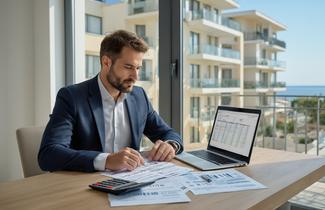 Create a realistic image of a modern Croatian property management office desk with financial documents, calculator, and invoices spread out showing property maintenance costs, featuring a white male property manager in business attire reviewing annual service charge statements, with a laptop displaying spreadsheets, utility bills, and maintenance receipts in the foreground, Mediterranean coastal apartment buildings visible through the window in the background, bright natural lighting creating a professional atmosphere, absolutely NO text should be in the scene.