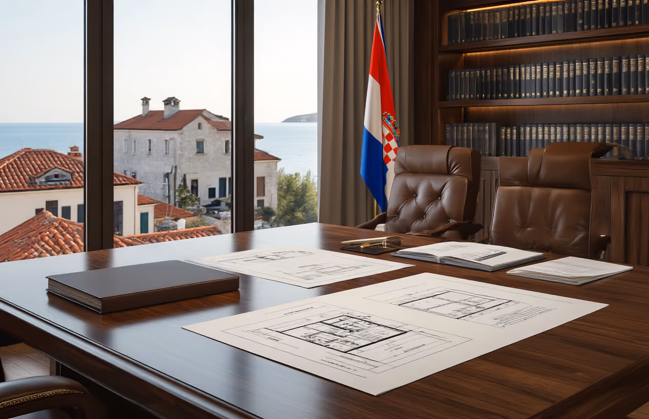 Create a realistic image of a modern Croatian law office with a polished wooden conference table displaying organized legal documents, property contracts, and architectural blueprints of residential buildings, surrounded by leather chairs, with a Croatian flag subtly visible on a bookshelf filled with legal volumes, warm professional lighting illuminating the scene through large windows showing a glimpse of Croatian coastal architecture, creating a serious yet welcoming business atmosphere that conveys legal expertise and property consultation, absolutely NO text should be in the scene.