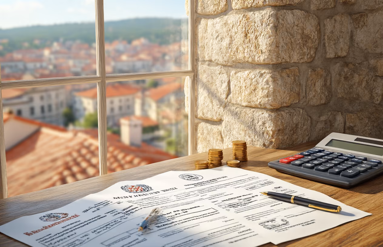 Create a realistic image of a Croatian municipal building exterior with stone architecture, featuring a close-up view of official fee documents and utility bills spread on a wooden desk in the foreground, with a calculator, pen, and small Croatian coins visible, warm natural lighting streaming through a window, professional administrative atmosphere, papers showing various municipal stamps and official seals, background showing blurred Croatian townscape with terracotta roofs, absolutely NO text should be in the scene.